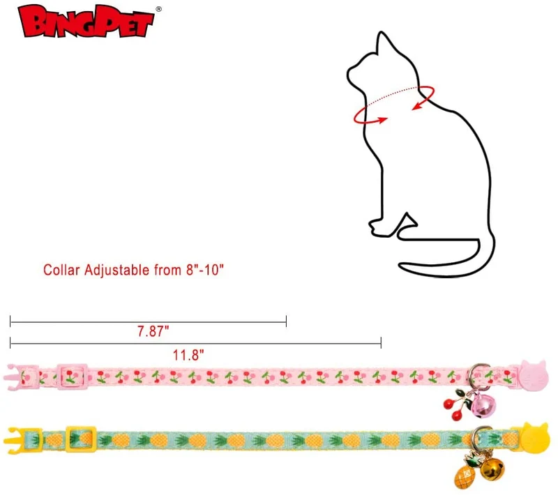 BINGPET - Collar para gato con campana, 2 collares de seguridad ajustables para gato, piña y cereza