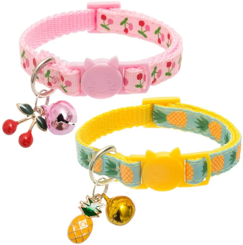 BINGPET - Collar para gato con campana, 2 collares de seguridad ajustables para gato, piña y cereza