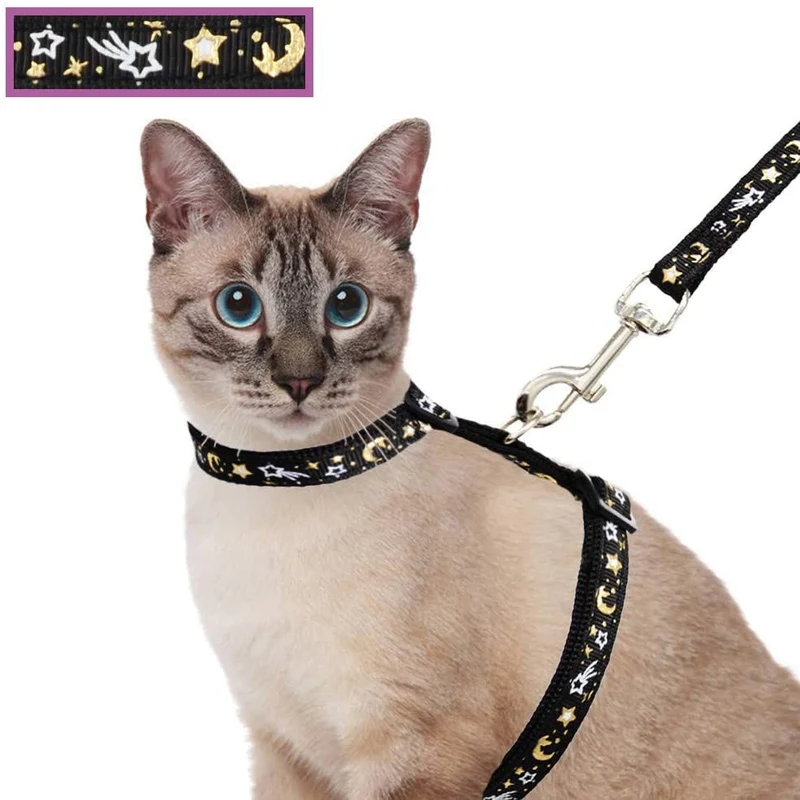 Cat Harness and Leash Set for Outdoor Walking Escape Proof Adjustable Soft Safety Strap with Golden Star and Moon Design Glow in The Dark
