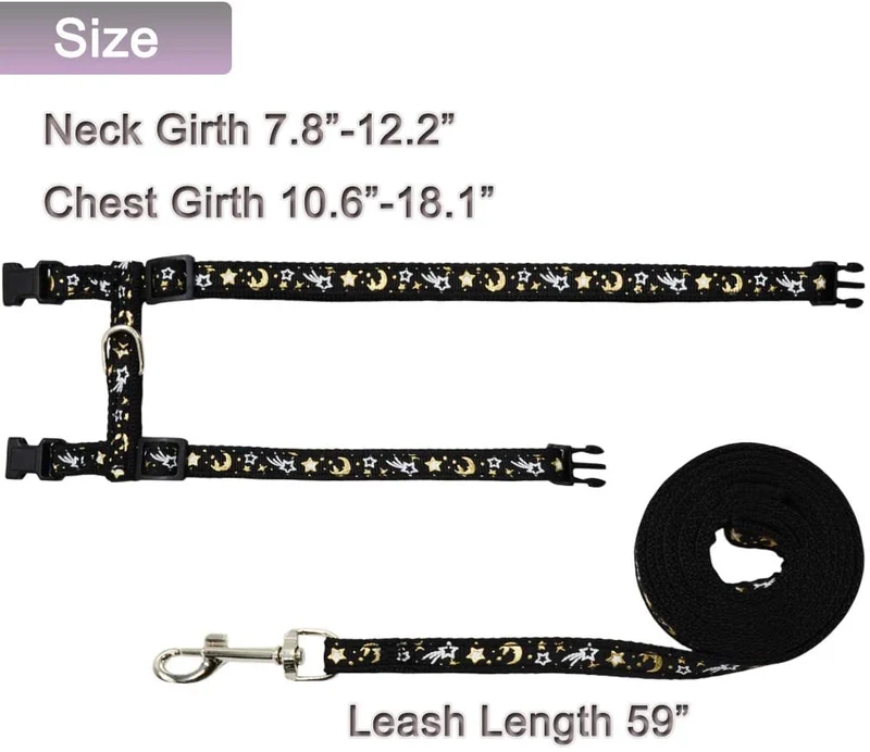 Cat Harness and Leash Set for Outdoor Walking Escape Proof Adjustable Soft Safety Strap with Golden Star and Moon Design Glow in The Dark