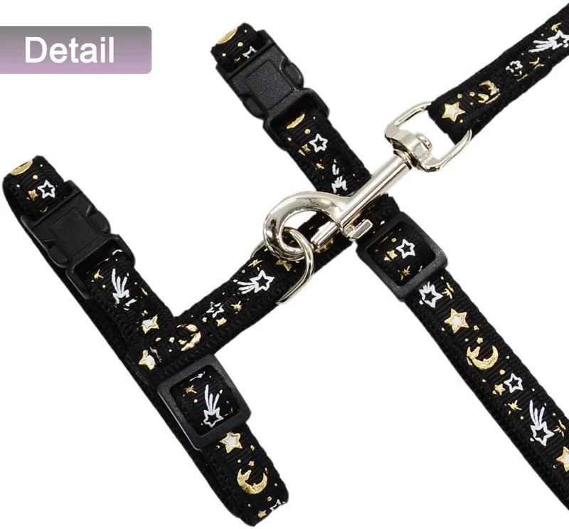 Cat Harness and Leash Set for Outdoor Walking Escape Proof Adjustable Soft Safety Strap with Golden Star and Moon Design Glow in The Dark