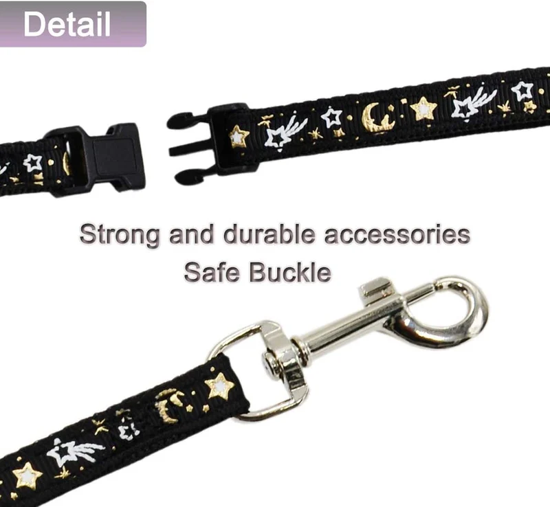 Cat Harness and Leash Set for Outdoor Walking Escape Proof Adjustable Soft Safety Strap with Golden Star and Moon Design Glow in The Dark