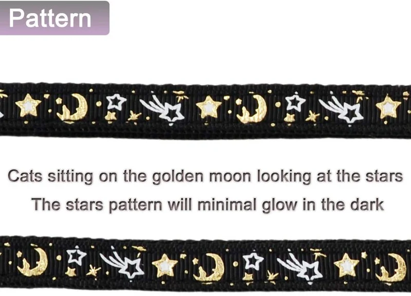 Cat Harness and Leash Set for Outdoor Walking Escape Proof Adjustable Soft Safety Strap with Golden Star and Moon Design Glow in The Dark