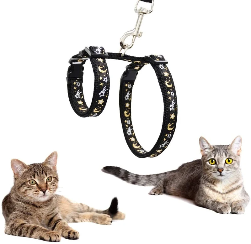 Cat Harness and Leash Set for Outdoor Walking Escape Proof Adjustable Soft Safety Strap with Golden Star and Moon Design Glow in The Dark