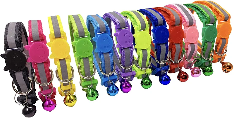 PACCOMFET Collar de gato de nailon reflectante con campana, 12 unidades, multicolor, seguro y duradero