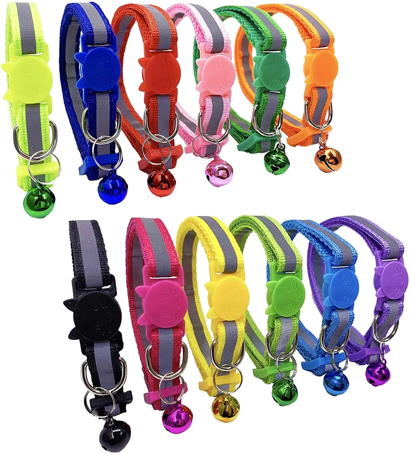 PACCOMFET Collar de gato de nailon reflectante con campana, 12 unidades, multicolor, seguro y duradero