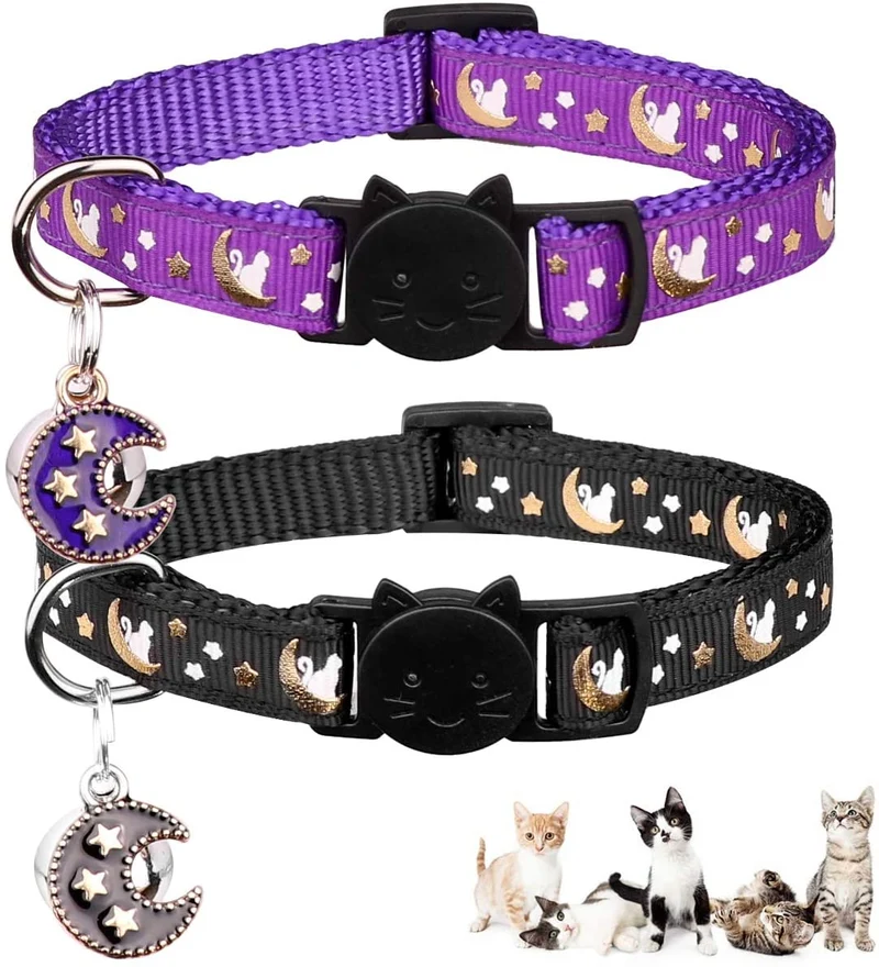 2 collares Breakaway para gatos con campanas y estrellas ajustables con colgante que brilla en la oscuridad.