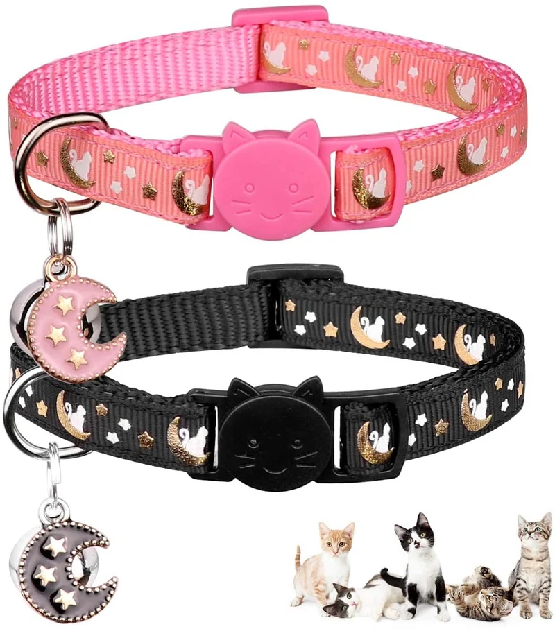 2 collares Breakaway para gatos con campanas y estrellas ajustables con colgante que brilla en la oscuridad.