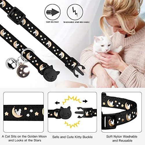 2 collares Breakaway para gatos con campanas y estrellas ajustables con colgante que brilla en la oscuridad.