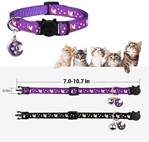 2 collares Breakaway para gatos con campanas y estrellas ajustables con colgante que brilla en la oscuridad.