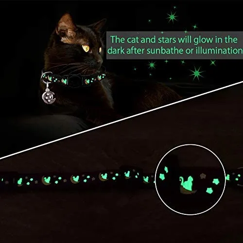2 collares Breakaway para gatos con campanas y estrellas ajustables con colgante que brilla en la oscuridad.