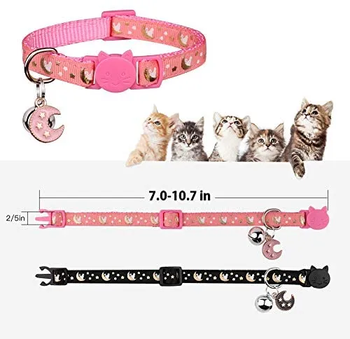 2 collares Breakaway para gatos con campanas y estrellas ajustables con colgante que brilla en la oscuridad.