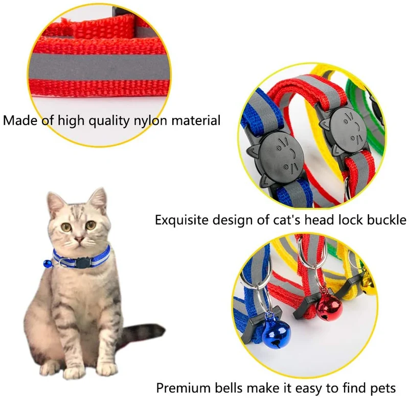 TCBOY Collares de gato de colores variados reflectantes con campana – Collares de tamaño ideal para gatos o perros pequeños (6 piezas/juego)