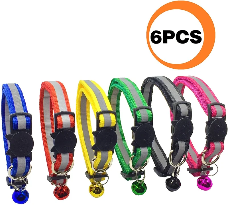 PACCOMFET FUNPET 6 Pcs Breakaway Cat Collar Reflective Nylon Strip Bell, Safe Durable
