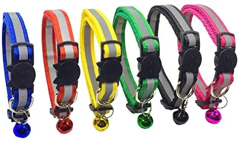 PACCOMFET FUNPET 6 Pcs Breakaway Cat Collar Reflective Nylon Strip Bell, Safe Durable