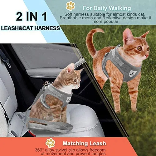 Arnés de gato y correa para caminar a prueba de escape, arnés de malla suave, arnés ajustable para gato con correa reflectante, ajuste cómodo para mascotas, gato, cachorro, conejo