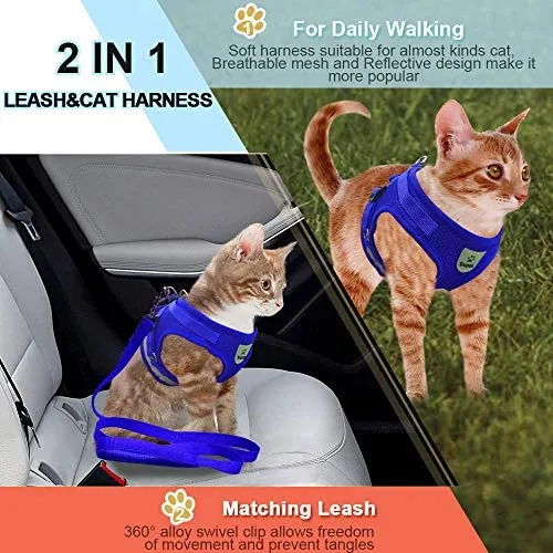 Arnés de gato y correa para caminar a prueba de escape, arnés de malla suave, arnés ajustable para gato con correa reflectante, ajuste cómodo para mascotas, gato, cachorro, conejo