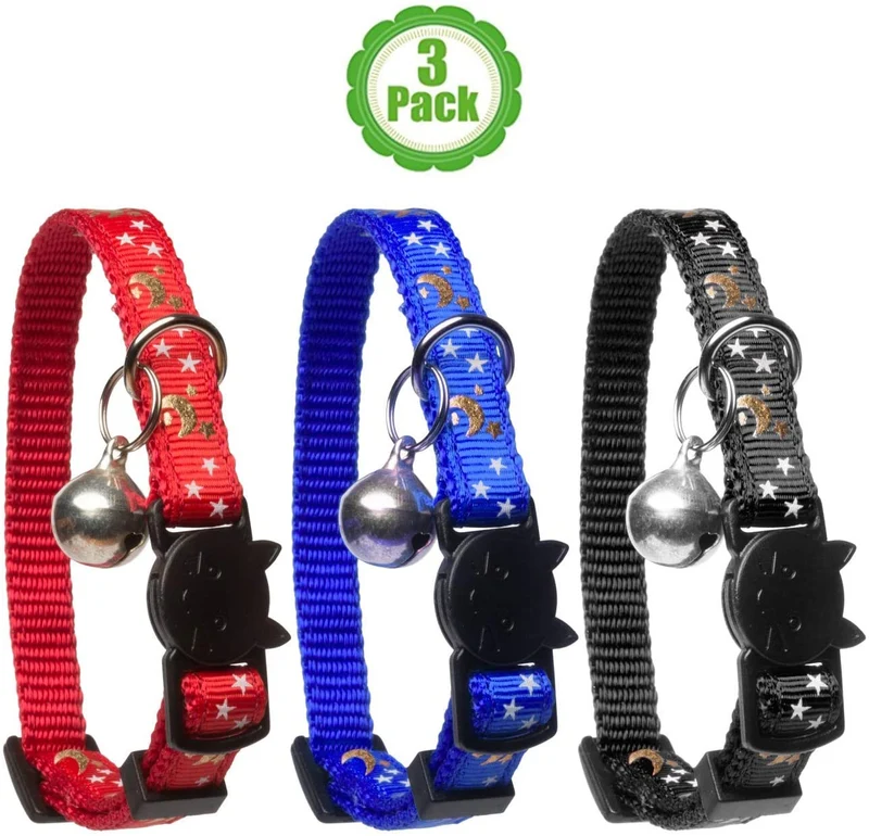 Collar de gato estrellas y luna, paquete de 3, reflectante con campana, collares sólidos y seguros para gatos, nailon, collares para gatitos, collar para mascotas, collar para gato roto, repuesto gratis