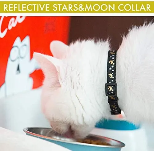 Collar de gato estrellas y luna, paquete de 3, reflectante con campana, collares sólidos y seguros para gatos, nailon, collares para gatitos, collar para mascotas, collar para gato roto, repuesto gratis