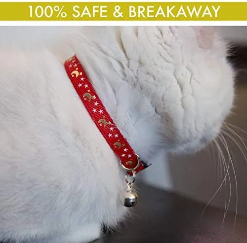 Collar de gato estrellas y luna, paquete de 3, reflectante con campana, collares sólidos y seguros para gatos, nailon, collares para gatitos, collar para mascotas, collar para gato roto, repuesto gratis
