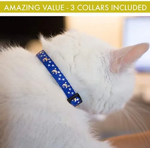 Collar de gato estrellas y luna, paquete de 3, reflectante con campana, collares sólidos y seguros para gatos, nailon, collares para gatitos, collar para mascotas, collar para gato roto, repuesto gratis