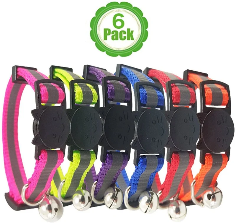 Collar para gato con campana y cinta reflectora, Juego de 3 o 6, Solido y Seguro, Nylon, colores mixtos, Collar para mascotas, Collar para gato, by Bemix Pets, Paquete de 3, Modelo 2