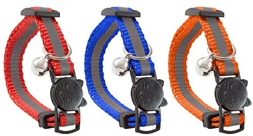 Collar para gato con campana y cinta reflectora, Juego de 3 o 6, Solido y Seguro, Nylon, colores mixtos, Collar para mascotas, Collar para gato, by Bemix Pets, Paquete de 3, Modelo 2