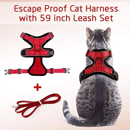 Rabbitgoo - Juego de arnés y correa para gato para caminar, a prueba de escape, con correa de 59 pulgadas – Arneses ajustables para gatos pequeños y medianos, arnés de correa para gato con tiras reflectantes y 1 anillo de metal