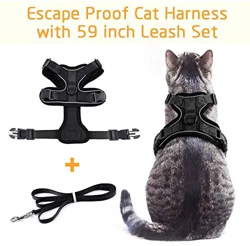 Rabbitgoo - Juego de arnés y correa para gato para caminar, a prueba de escape, con correa de 59 pulgadas – Arneses ajustables para gatos pequeños y medianos, arnés de correa para gato con tiras reflectantes y 1 anillo de metal