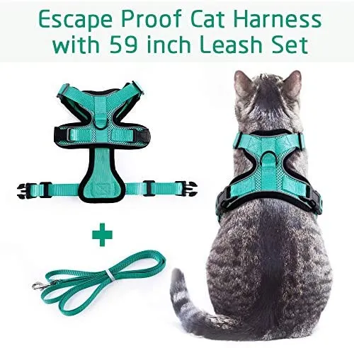 Rabbitgoo - Juego de arnés y correa para gato para caminar, a prueba de escape, con correa de 59 pulgadas – Arneses ajustables para gatos pequeños y medianos, arnés de correa para gato con tiras reflectantes y 1 anillo de metal