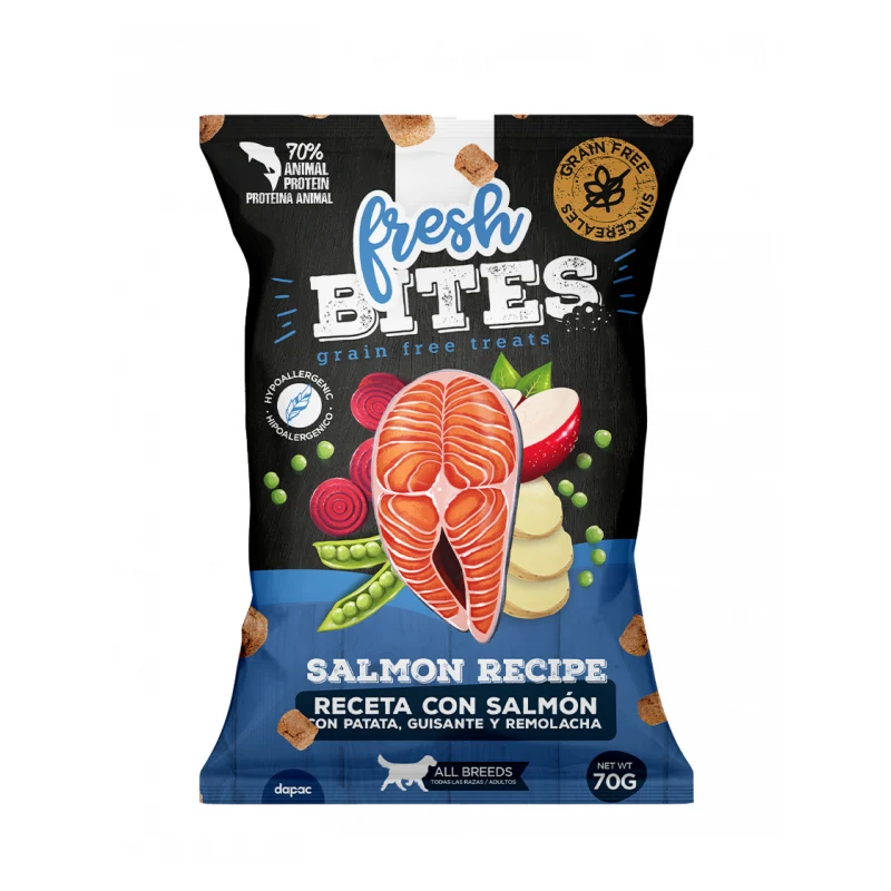 SNACK NATURAL PERROS BITES GRAIN FREE SALMON 25 X 70 GR