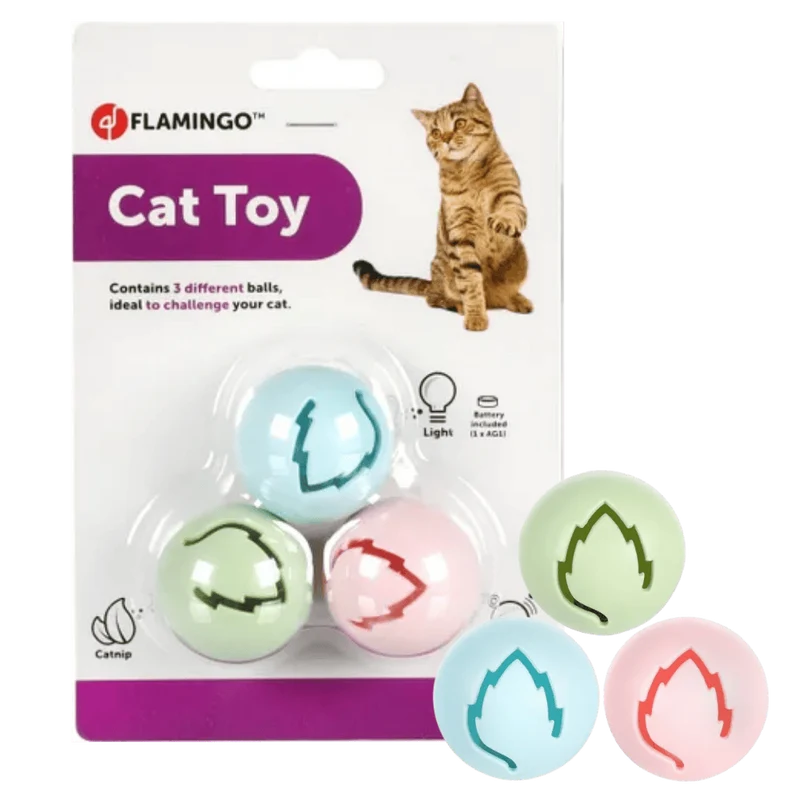 Flamingo Juguete Electrónico Iris para Gatos - Pack 3 Pelotas con Luces, Sonidos y Catnip - Incluye Pilas