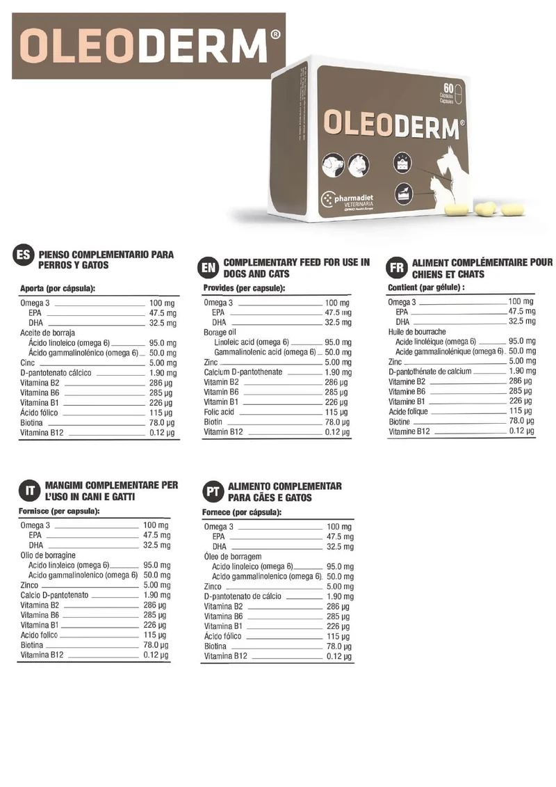 Oleoderm Alimento complementario con nutrientes que ayudan a mantener sana la piel y el pelo del perro y el gato.