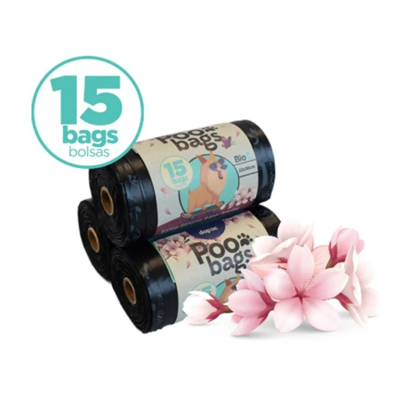 PooBags Negras BIO con Asa y Aroma Cereza 1 Rollo de 15 bolsas