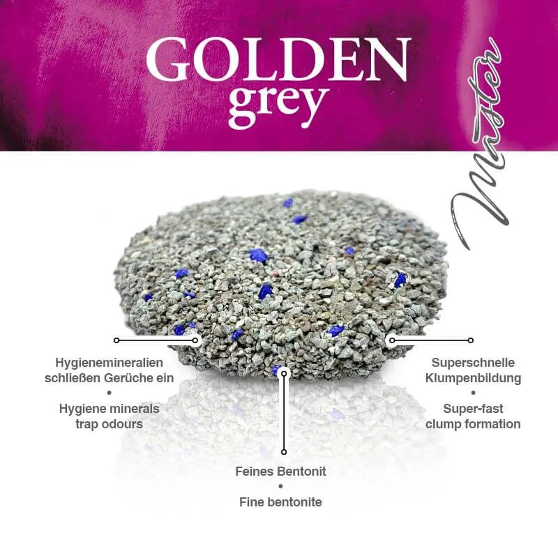 🐱 Golden Grey Master – Arena Aglomerante Premium para Gatos con Sílice y Aroma a Talco