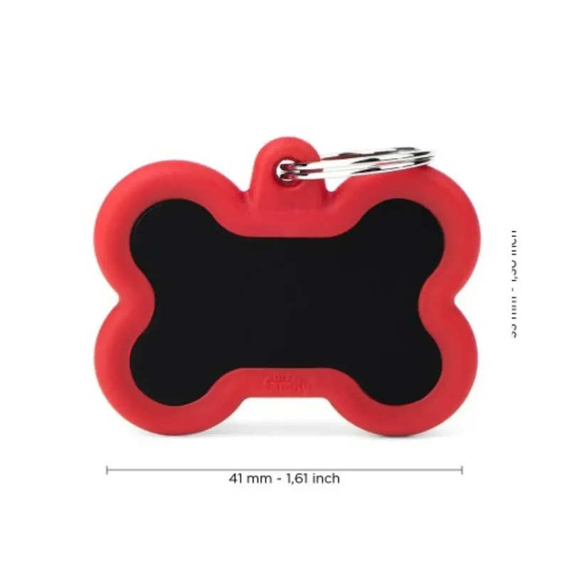 Placa Identificativa MyFamily Hushtag Hueso en Aluminio Negro con Goma Roja