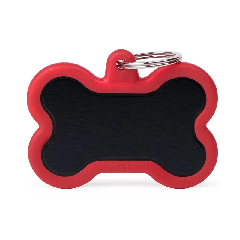 Placa Identificativa MyFamily Hushtag Hueso en Aluminio Negro con Goma Roja
